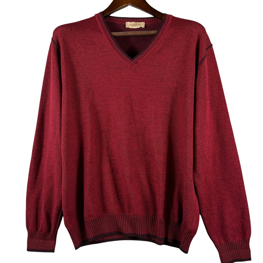 Montechiarro Men's L Wool Blend V-Neck Sweater Bordeaux Made Italy Contrast Trim